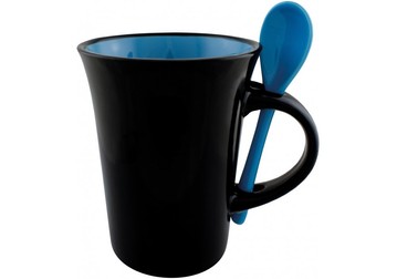 Чашка керамічна з ложкою Optima Promo DORIS 300мл, чорно-блакитна O52050-11 фото
